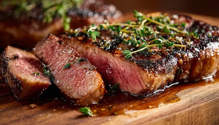 Perfectly cooked medium-rare ribeye steak sliced on wooden cutting board with fresh herbs and melted butter