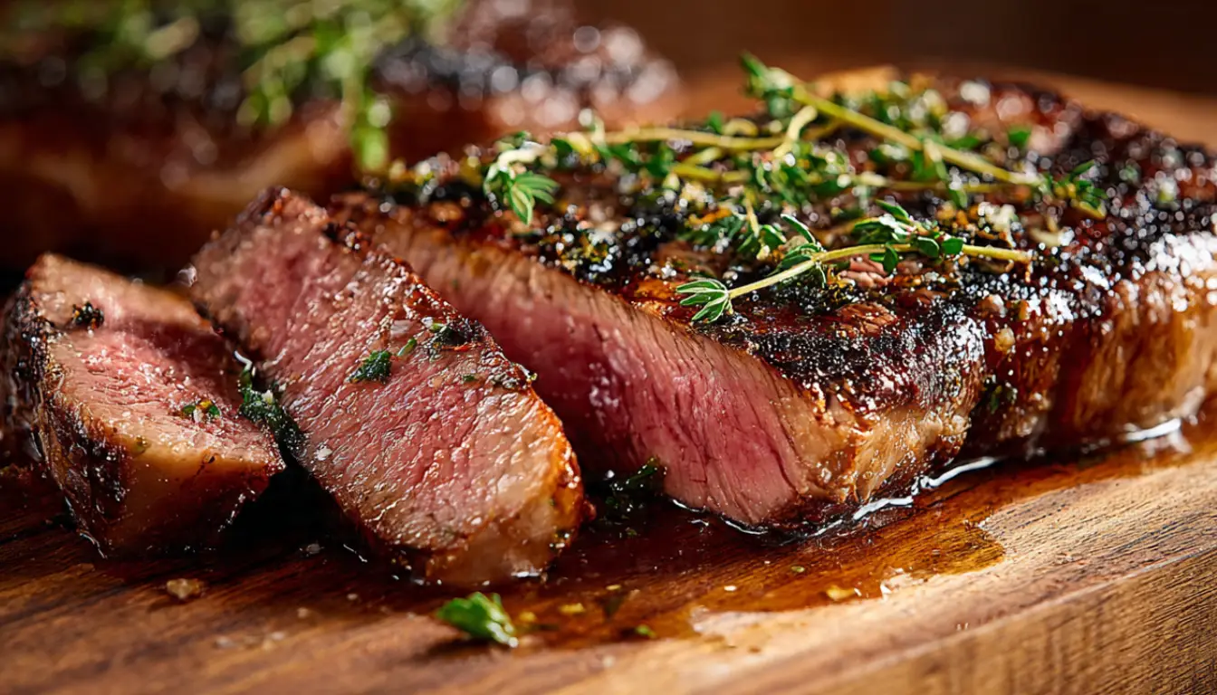 Perfectly cooked medium-rare ribeye steak sliced on wooden cutting board with fresh herbs and melted butter