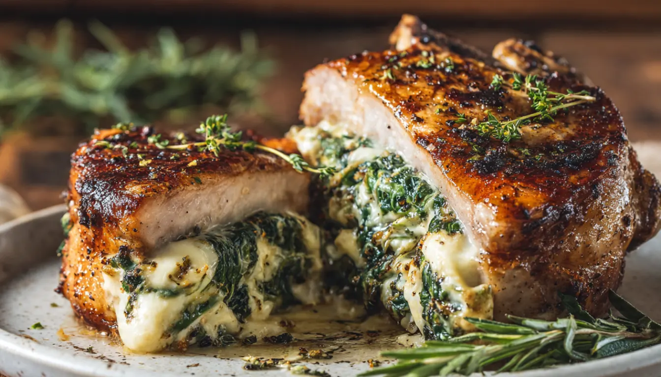 Juicy spinach and cheese stuffed pork chop sliced open showing creamy filling on a white plate