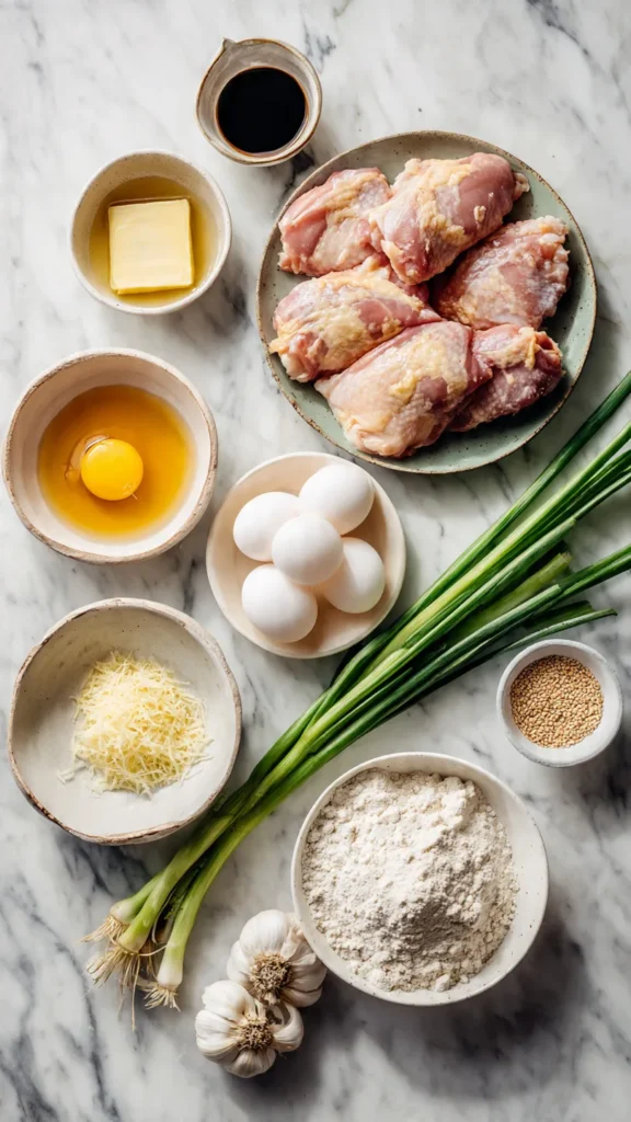 Ingredients for Korean honey butter chicken recipe including chicken thighs, honey, butter, garlic, soy sauce, and sesame oil arranged on marble surface