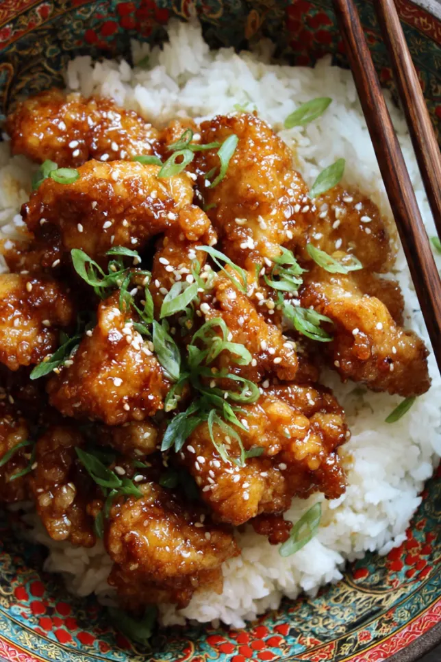 Korean honey butter chicken with crispy coating glazed in golden honey butter sauce, topped with sesame seeds and green onions