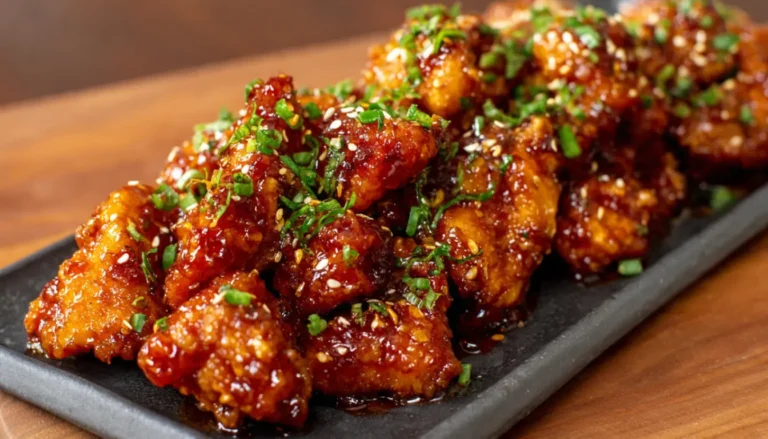 Korean honey butter chicken with crispy coating glazed in golden honey butter sauce, topped with sesame seeds and green onions