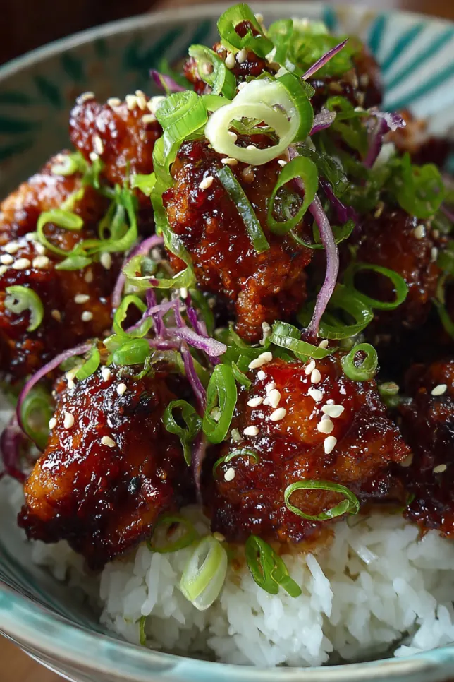 Golden crispy Korean popcorn chicken pieces in white bowl with sesame seeds and spicy glaze