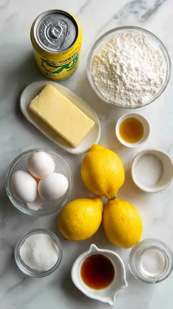 All ingredients needed for lemon 7up cake including soda, butter, lemons, and flour arranged on counter