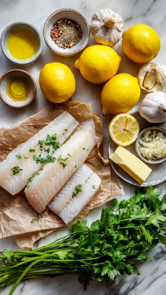 Fresh ingredients for lemon butter fish recipe including fish fillets, lemons, butter, garlic, and herbs
