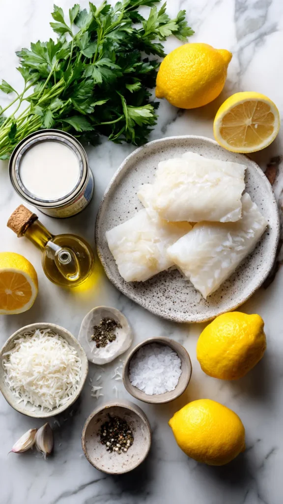 Ingredients for lemon coconut baked cod including fresh cod fillets, coconut milk, lemons, and garlic on marble counter