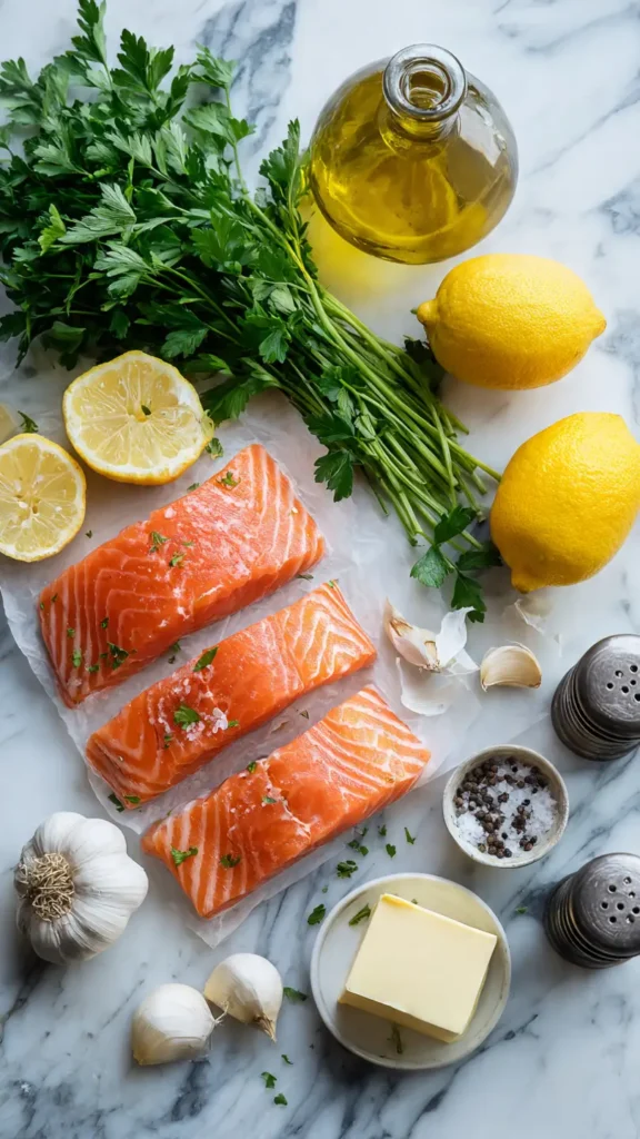 Fresh ingredients for lemon garlic salmon including salmon fillets, lemons, garlic, parsley, olive oil, and butter on marble surface