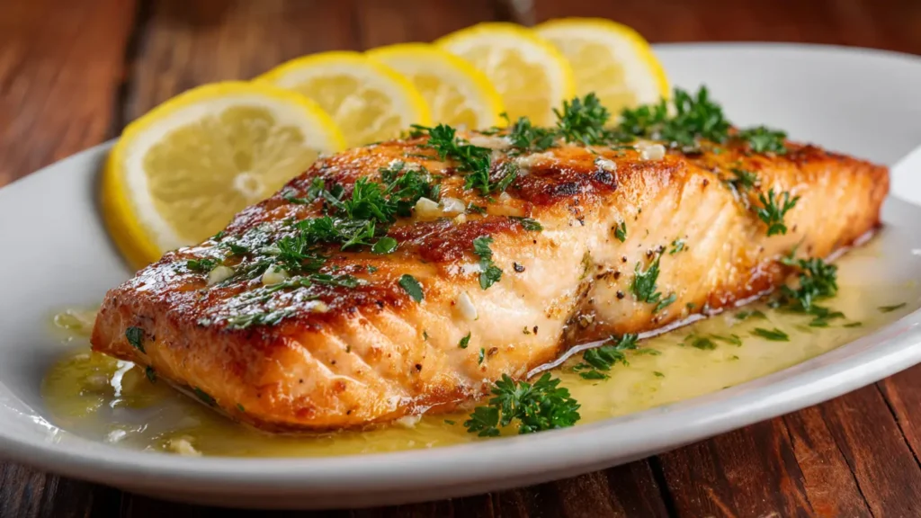 Golden seared lemon garlic salmon fillet with butter sauce, fresh parsley, and lemon slices on white plate