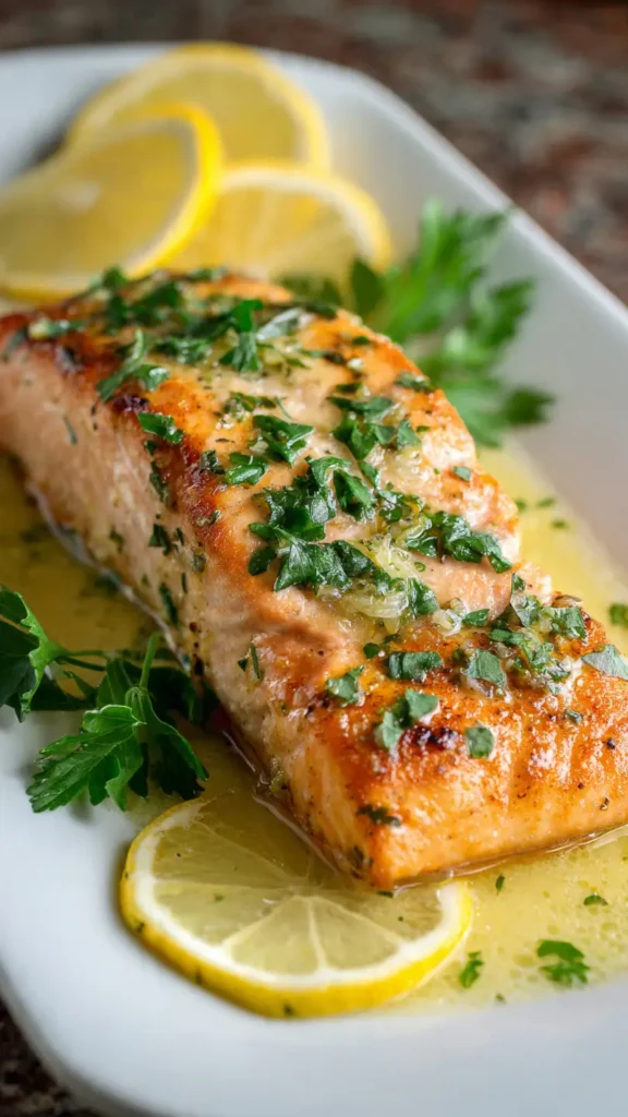 Golden seared lemon garlic salmon fillet with butter sauce, fresh parsley, and lemon slices on white plate