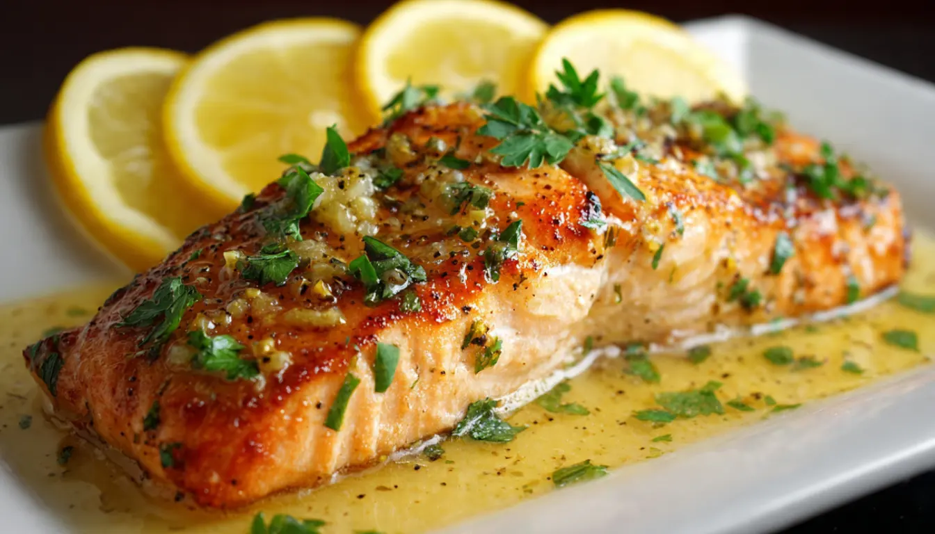 Golden seared lemon garlic salmon fillet with butter sauce, fresh parsley, and lemon slices on white plate