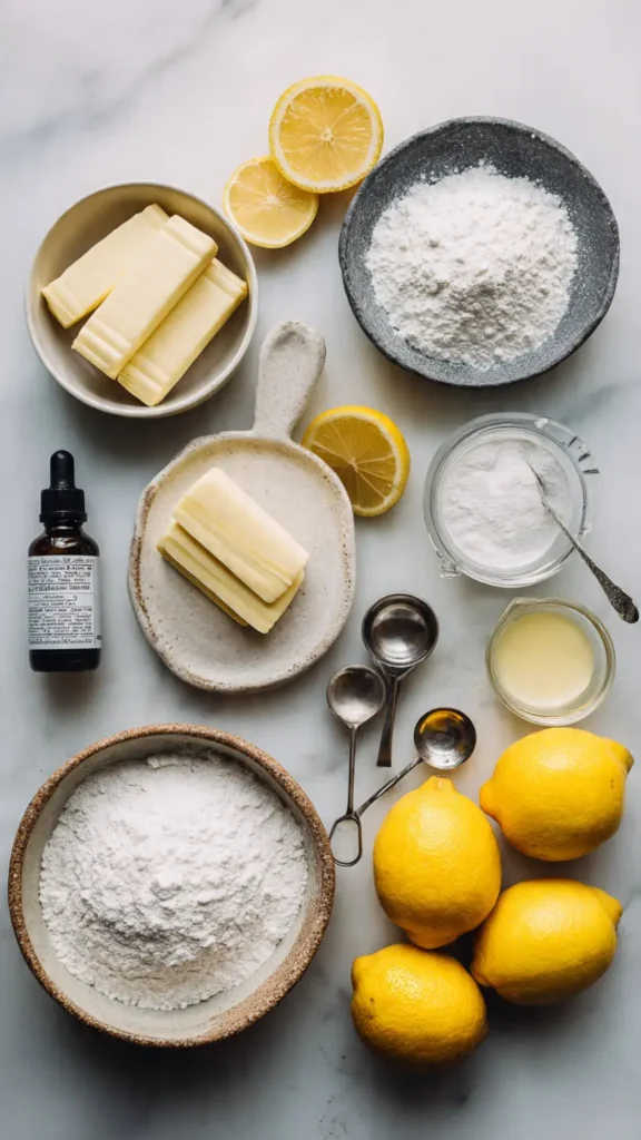 All the ingredients needed to make tender lemon meltaway cookies, including fresh lemons, butter, powdered sugar, and cornstarch