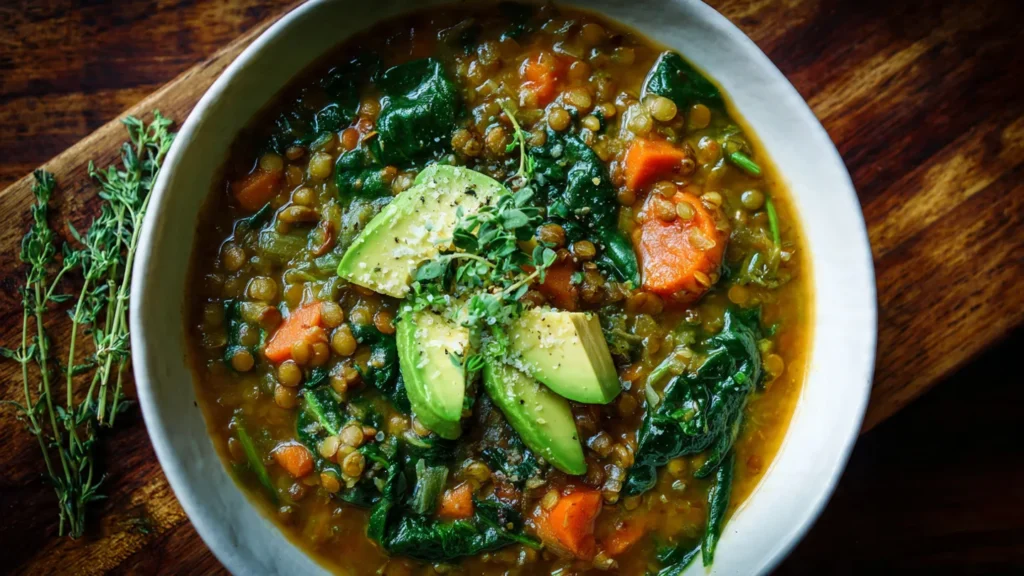 Lentil and Spinach Soup - High-Fiber Low-Calorie Vegetarian Meal