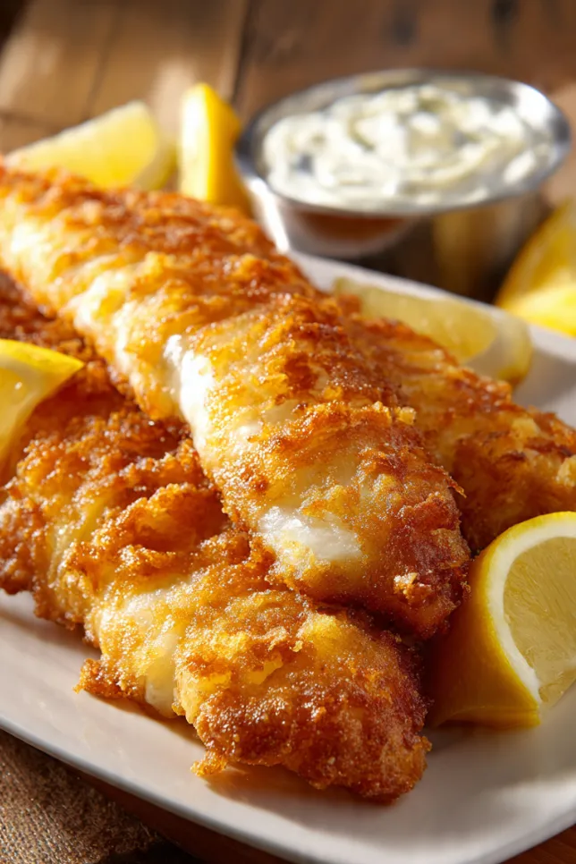 Golden crispy battered fish fillets on white plate with lemon wedges and tartar sauce