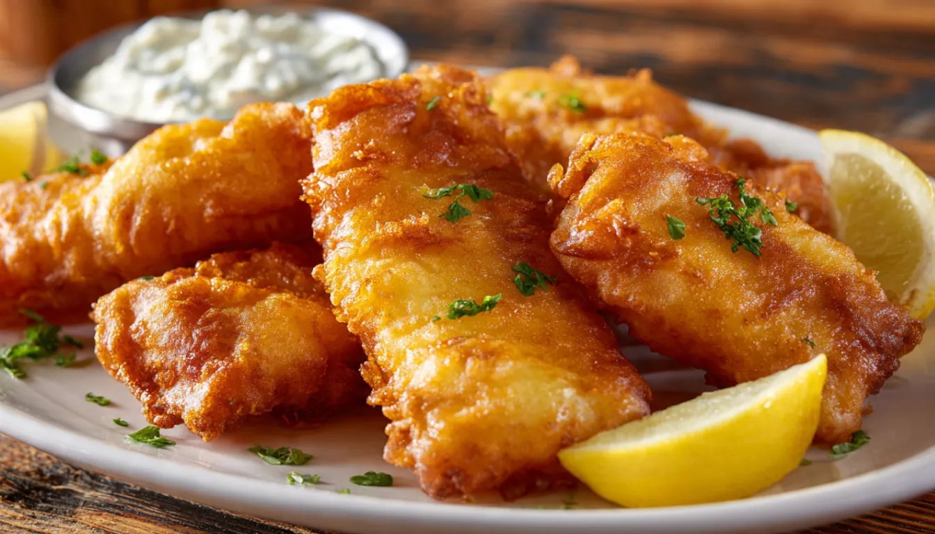 Golden crispy battered fish fillets on white plate with lemon wedges and tartar sauce