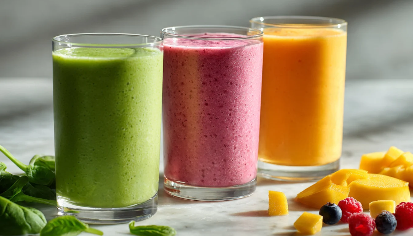Three colorful low-calorie smoothies in glass cups surrounded by fresh fruits on a marble countertop