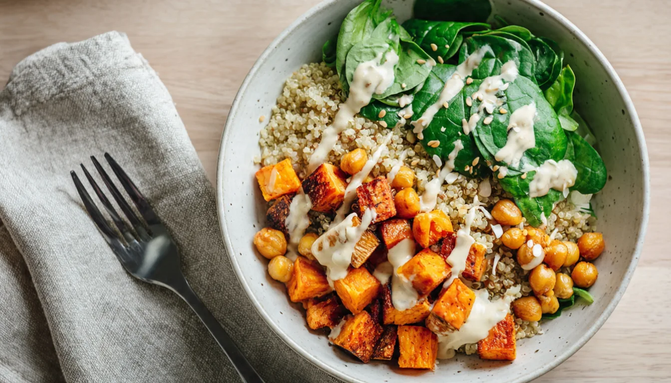 Colorful low-calorie vegetarian Buddha bowl with quinoa, roasted sweet potato, chickpeas, spinach, and tahini dressing