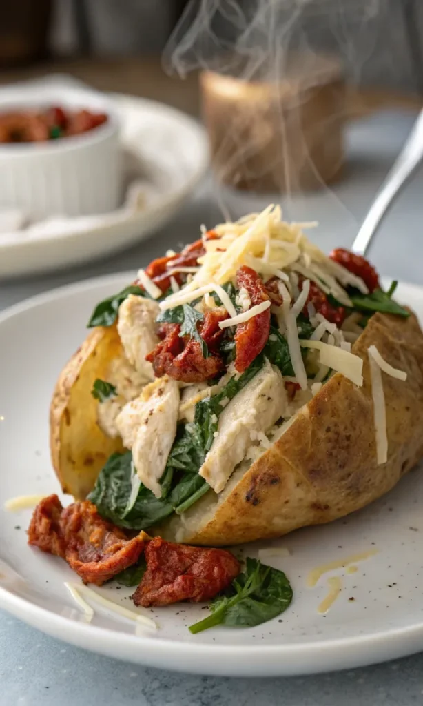 Crispy jacket potato split open and loaded with creamy marry me chicken, sun-dried tomatoes, spinach, and Parmesan cheese on a white plate