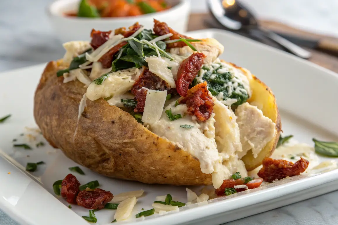 Crispy jacket potato split open and loaded with creamy marry me chicken, sun-dried tomatoes, spinach, and Parmesan cheese on a white plate