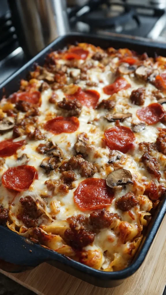 Meat lovers pizza casserole with melted cheese, pepperoni, and bacon in a white baking dish on wooden table