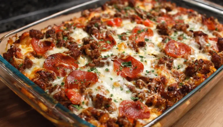 Meat lovers pizza casserole with melted cheese, pepperoni, and bacon in a white baking dish on wooden table