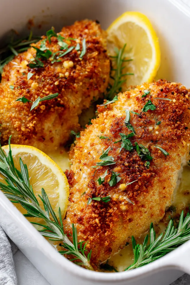 Golden baked chicken breasts with Parmesan mayo coating in white baking dish
