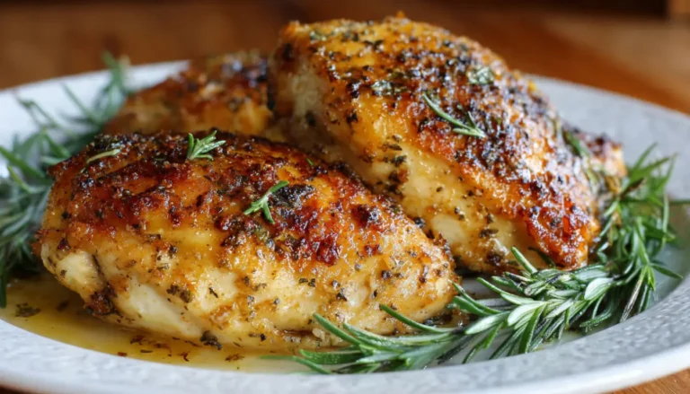 Golden baked chicken breasts with Parmesan mayo coating in white baking dish