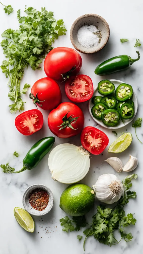 All the fresh ingredients needed to make authentic Mexican salsa: roma tomatoes, jalapeño peppers, cilantro, white onion, garlic, lime juice, and spices