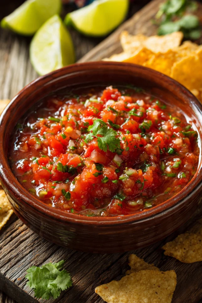 Fresh homemade Mexican salsa in rustic bowl with tortilla chips and cilantro garnish