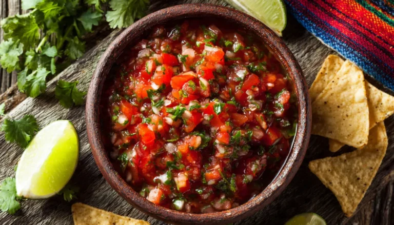 Fresh homemade Mexican salsa in rustic bowl with tortilla chips and cilantro garnish