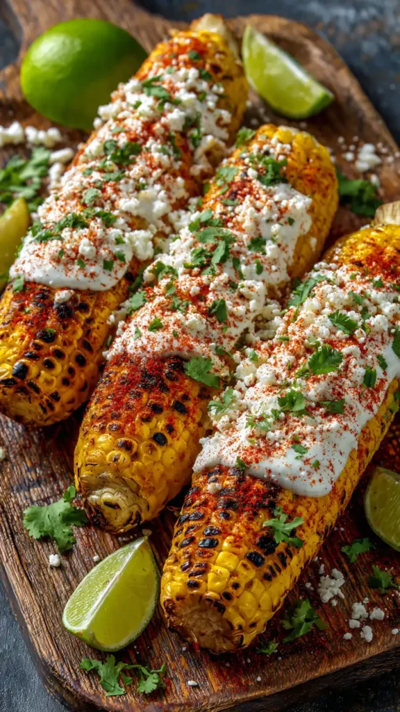 Grilled Mexican street corn (elote) covered in creamy white sauce, cotija cheese, chili powder, and fresh cilantro on a rustic wooden platter