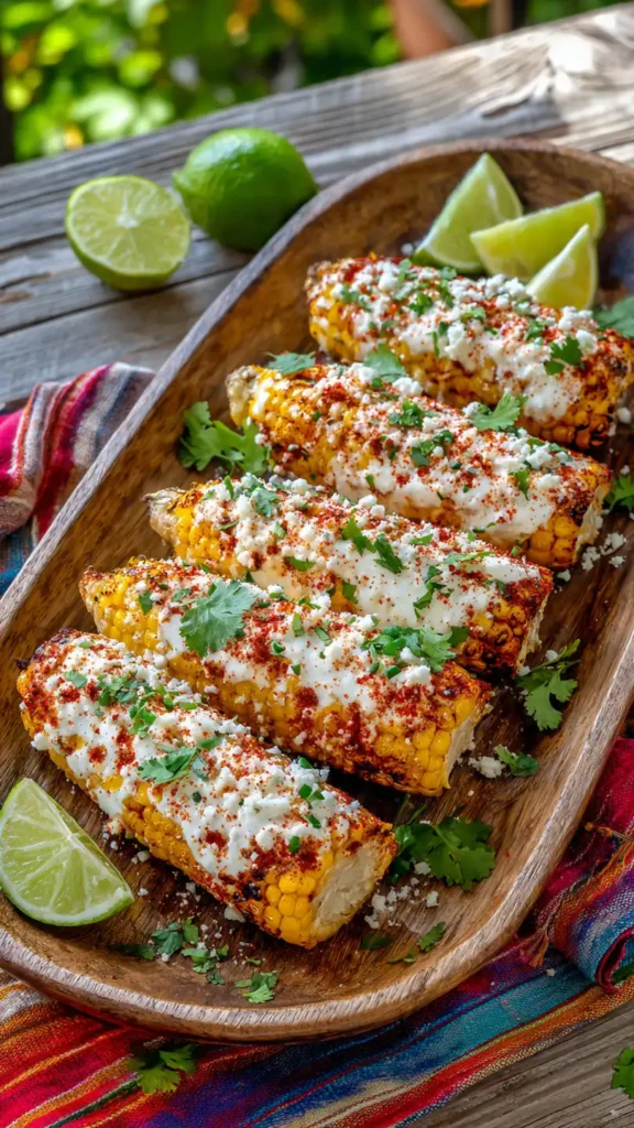 Grilled Mexican street corn (elote) covered in creamy white sauce, cotija cheese, chili powder, and fresh cilantro on a rustic wooden platter