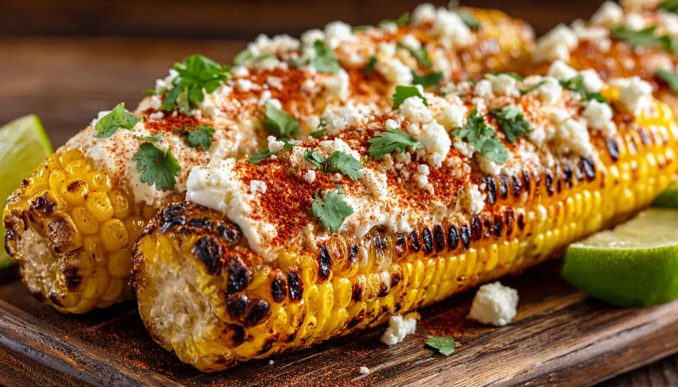 Grilled Mexican street corn (elote) covered in creamy white sauce, cotija cheese, chili powder, and fresh cilantro on a rustic wooden platter