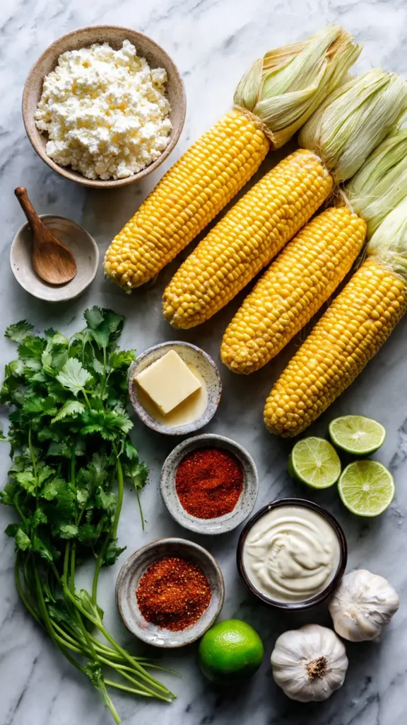 Overhead flat lay of Mexican street corn ingredients including fresh corn on the cob, cotija cheese, mayo, sour cream, chili powder, limes, cilantro, and garlic on white marble surface