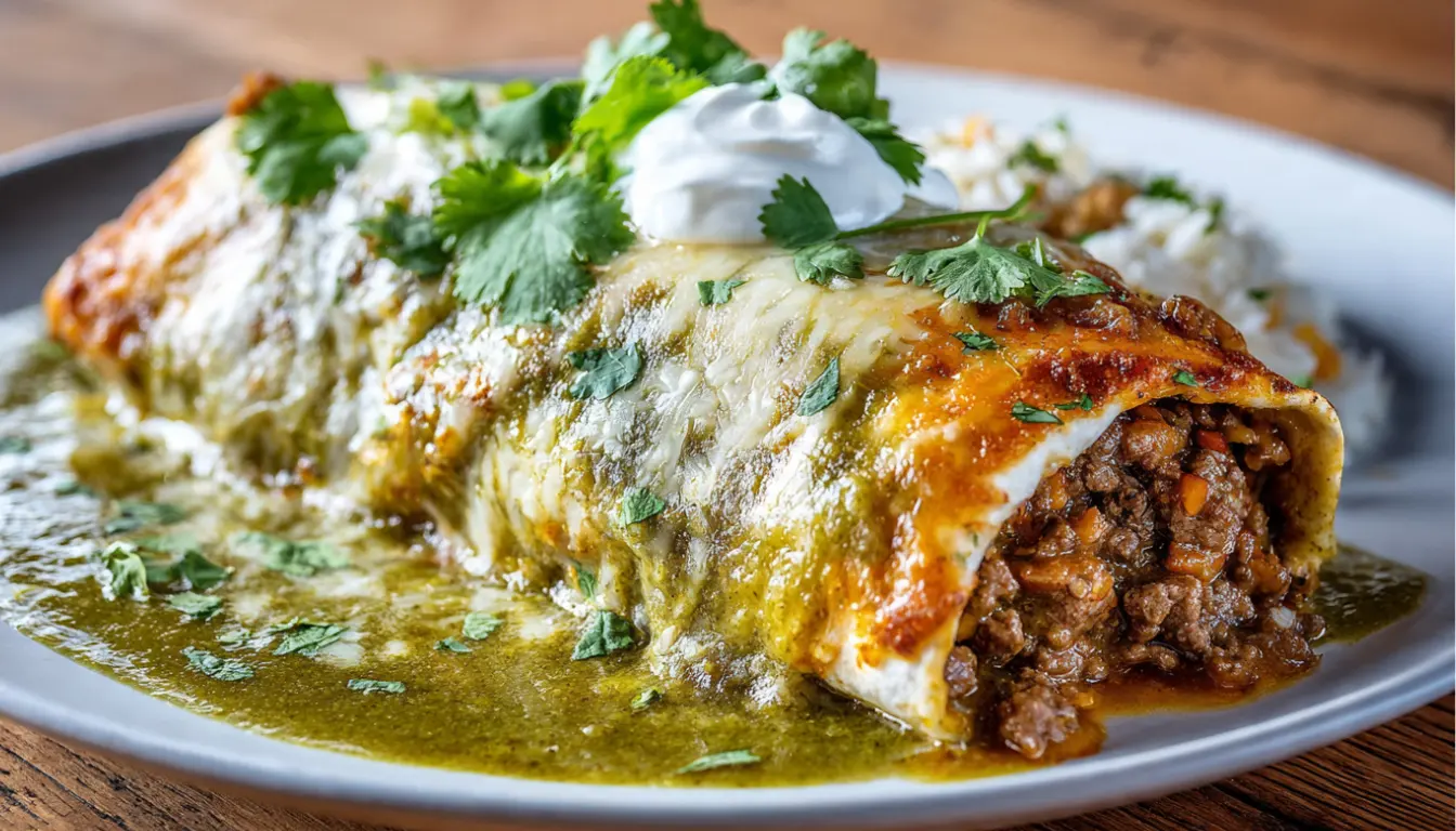 Mexican wet beef burrito smothered in homemade green sauce with melted cheese on white plate