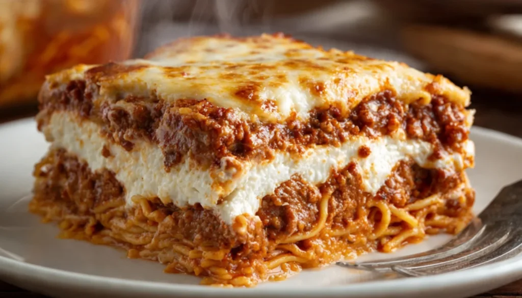 Slice of million dollar spaghetti casserole showing creamy cheese layers and meat sauce on white plate