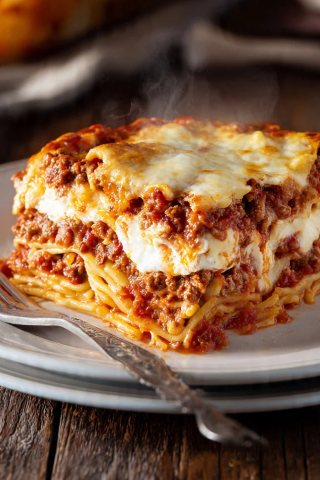 Slice of million dollar spaghetti casserole showing creamy cheese layers and meat sauce on white plate