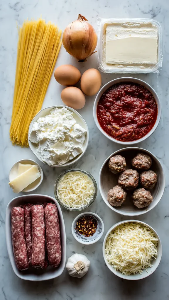 Overhead view of all the ingredients needed to make million dollar spaghetti: pasta, cream cheese, sour cream, cottage cheese, ground beef, Italian sausage, and marinara sauce