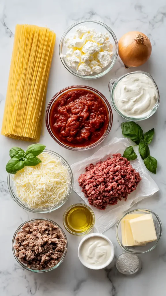 Complete ingredient layout for making million dollar spaghetti casserole including pasta, cream cheese, meat, and sauce