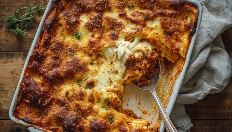 Million dollar spaghetti baked in a casserole dish with golden melted cheese and creamy layers visible