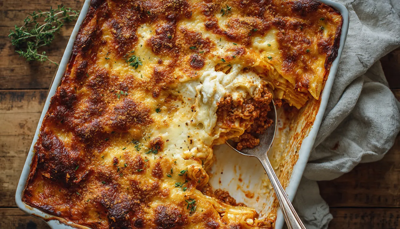 Million dollar spaghetti baked in a casserole dish with golden melted cheese and creamy layers visible