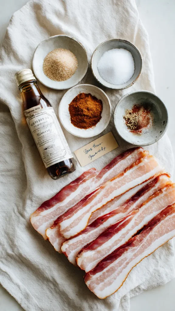 Flat lay of Millionaire's Bacon ingredients including thick-cut bacon, brown sugar, cayenne, smoked paprika, and maple syrup
