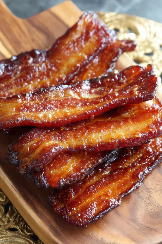 Thick-cut Millionaire's Bacon strips with caramelized brown sugar glaze on a white marble board