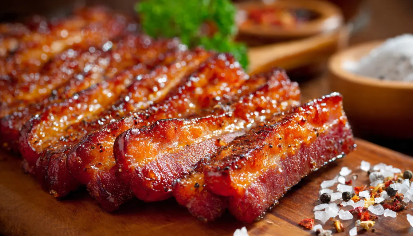 Thick-cut Millionaire's Bacon strips with caramelized brown sugar glaze on a white marble board