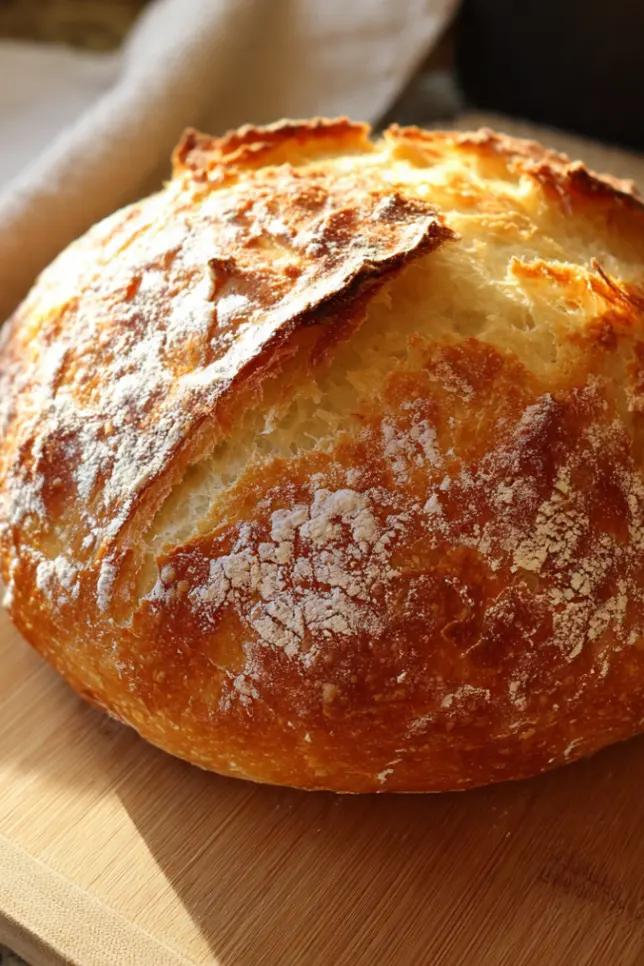 Homemade no knead bread with golden crust and airy crumb on wooden cutting board