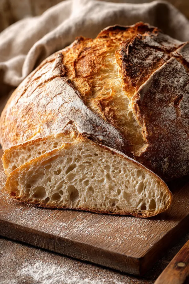 Homemade no knead bread with golden crust and airy crumb on wooden cutting board