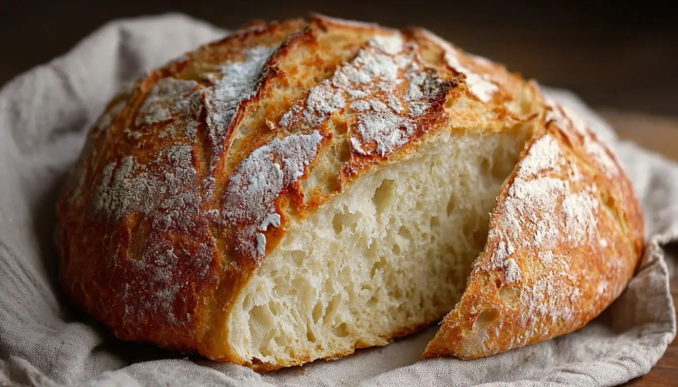 Homemade no knead bread with golden crust and airy crumb on wooden cutting board