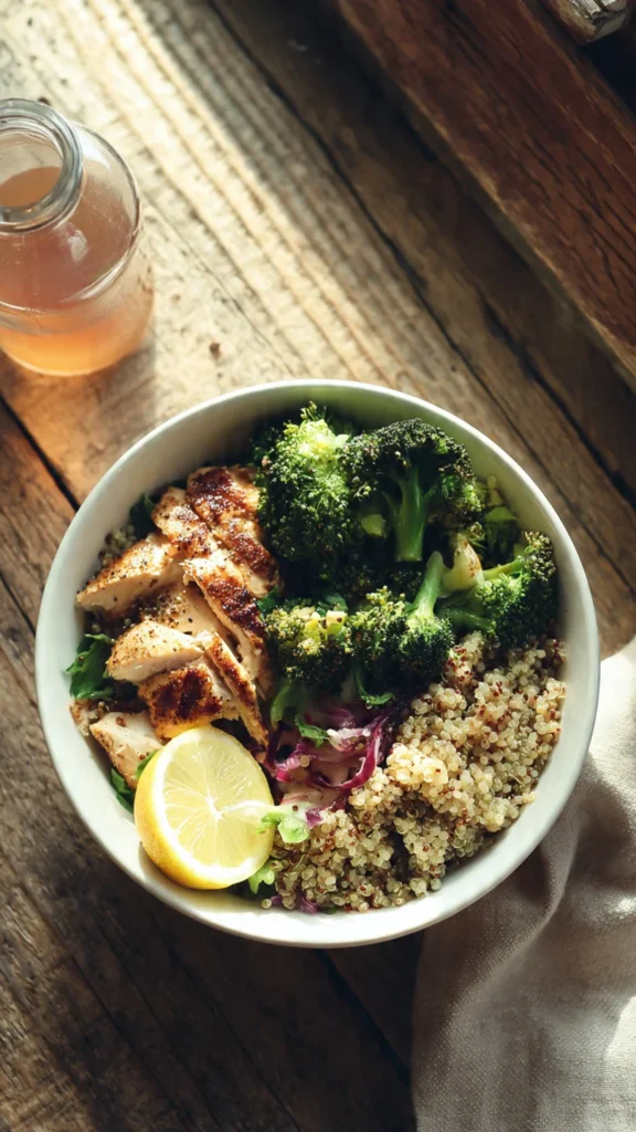 Blood sugar balance bowl with grilled chicken, quinoa, and roasted broccoli for natural weight loss