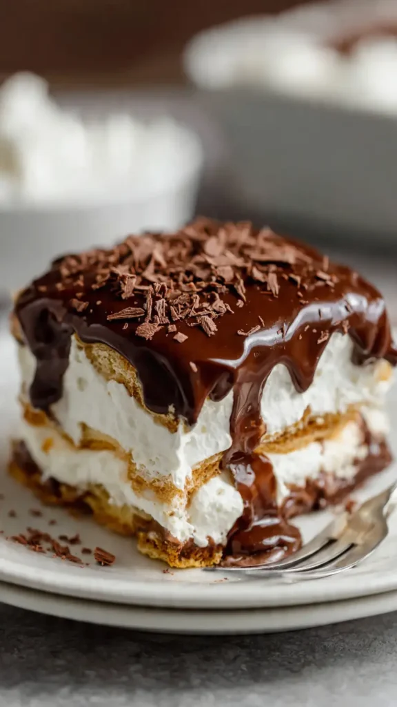 No bake chocolate eclair cake in glass baking dish with glossy chocolate ganache topping showing layered graham crackers and vanilla pudding