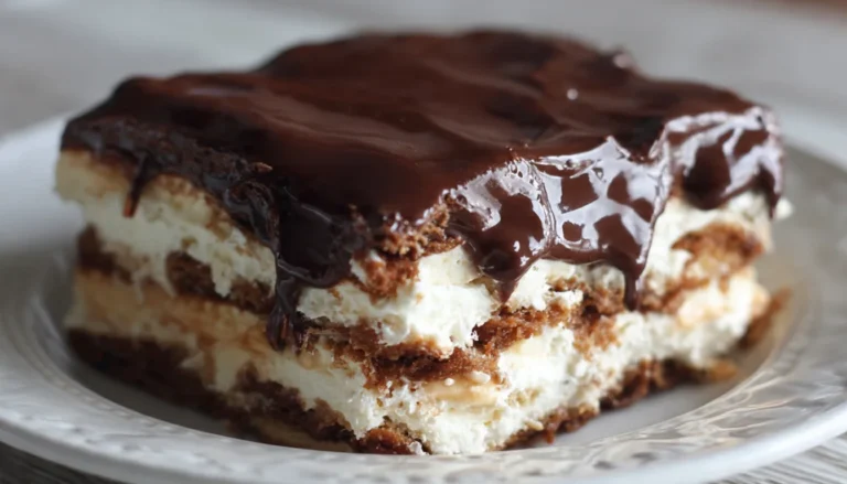 No bake chocolate eclair cake in glass baking dish with glossy chocolate ganache topping showing layered graham crackers and vanilla pudding