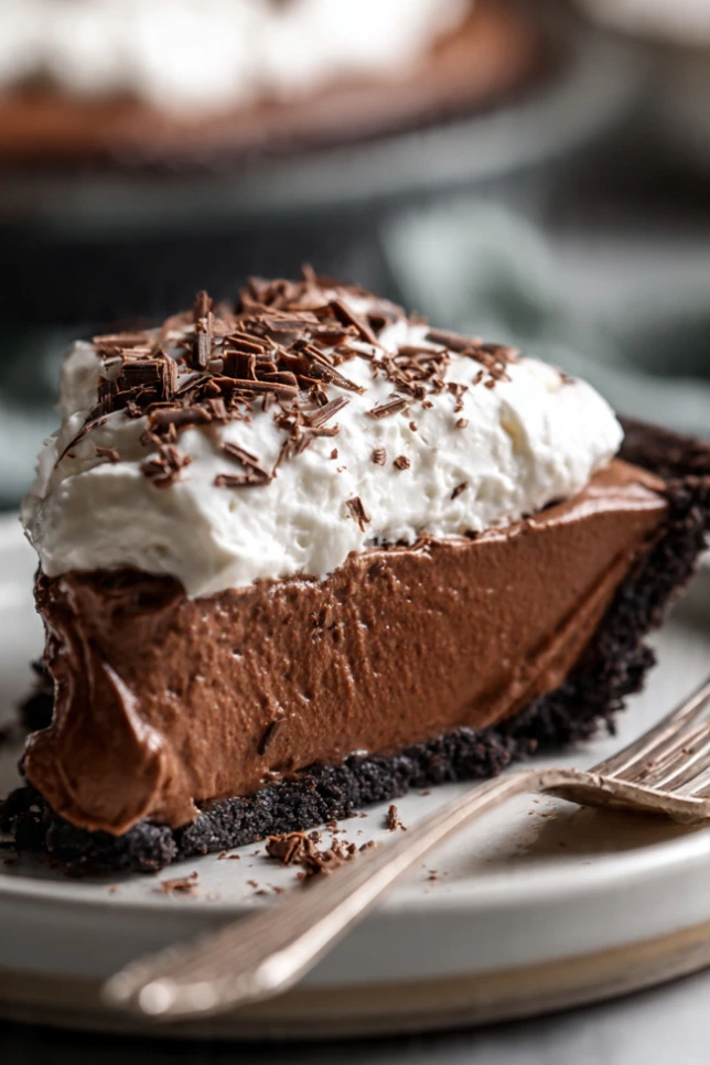 Slice of no-bake chocolate pudding pie with whipped cream topping and chocolate shavings on white plate